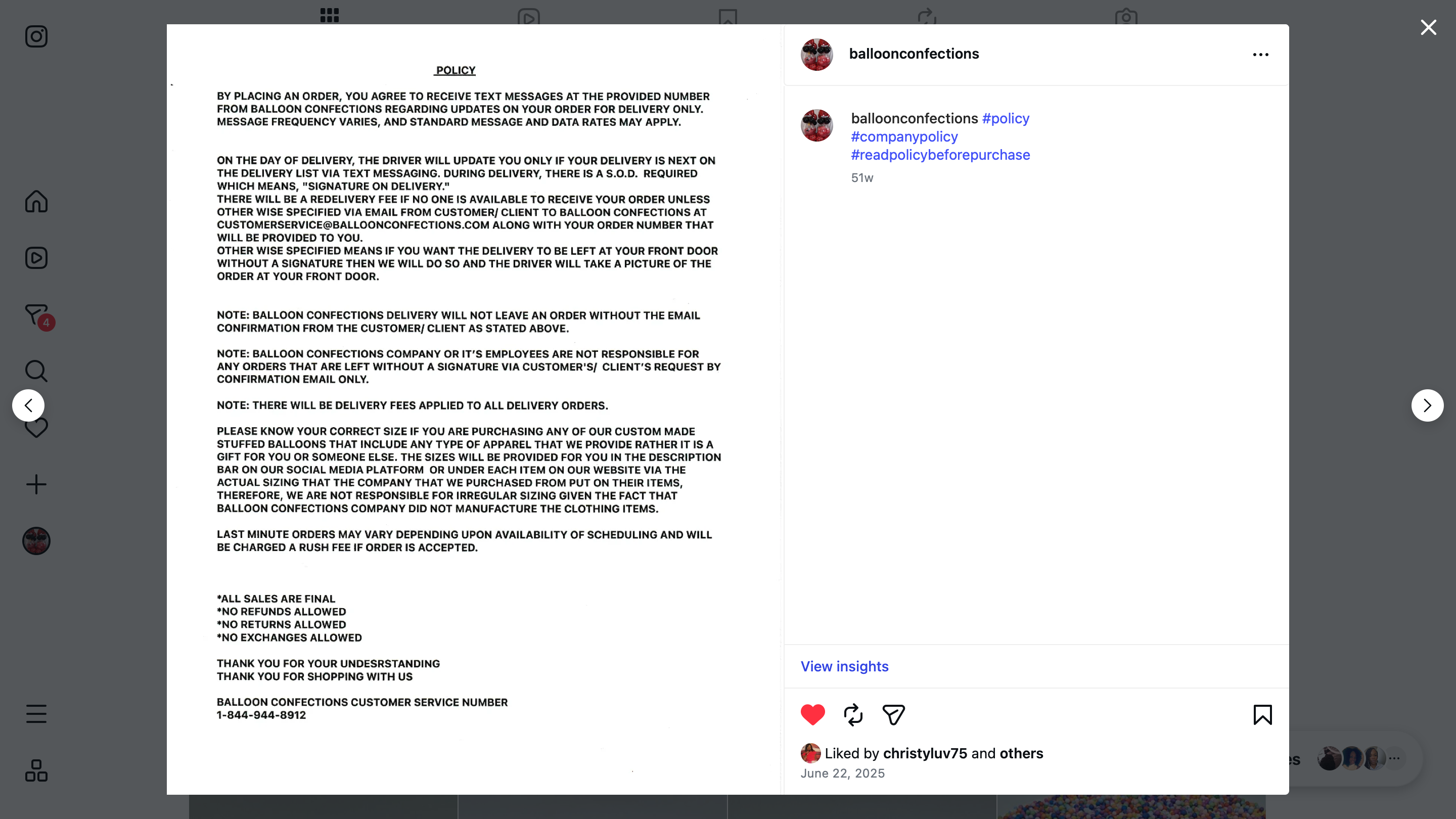 Original Balloon Confections purchase policy as posted on Instagram